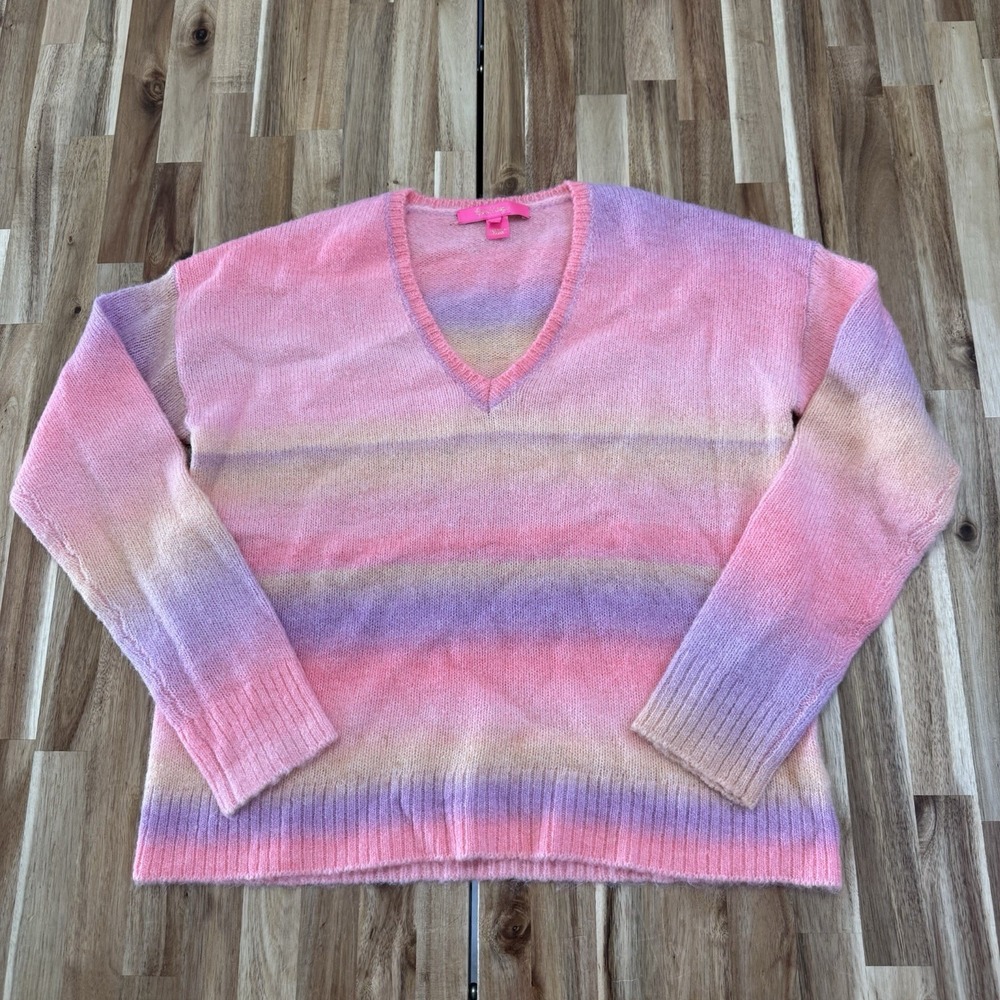 Lilly Pulitzer Chiya Sweater Womens S Pink Ombre Fuzzy Vneck Pullover Wool Blend